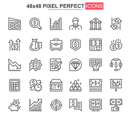 Leinwandbilder - Finance thin line icons set. Online banking, capital investment unique design icons. Financial deposit, payment and exchange currency outline vector bundle. 48x48 pixel perfect linear pictogram pack.
