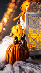 Wall Mural - Neon glowing pumpkin head on abstract blurred bokeh background. Festive Halloween background with cobwebs and pumpkin.