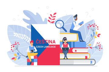 Wall Mural - Online language courses flat vector illustration. Distance education, remote school, Czech university. Internet class, e learning language school isolated. Students reading Czech books.