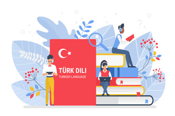 Wall Mural - People learning Turkish language vector illustration. Turkey distance education, online learning courses concept. Students reading books cartoon characters. Teaching foreign languages