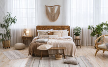 Rustic Home Design With Ethnic Boho Decoration. Bed With Pillows, Wooden Furniture