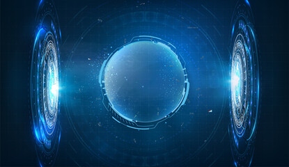 Leinwandbilder - Dome shield geometric on a blue futuristic background. Hologram Bubble shield. Blank display, stage for show product in futuristic cyberpunk style. Cover concept in technological game style. Vector 3d