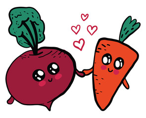 Poster - Beet and a carrot in love, illustration, vector on white background