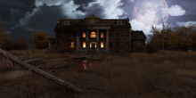 Abandoned Haunted House Refuge Of Spirits Moonlit Night 3d Illustration