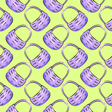 Purple Basket,seamless Pattern On Mint Green Background.