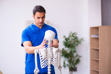 Wall Mural - Young male doctor lecturer demonstrating skeleton