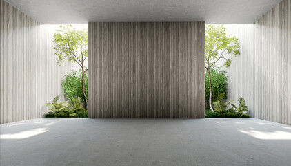 Empty old wood plank wall 3d render,There are concrete floor,Behide the backdrop is a tropical garden,sunlight shine into the room.