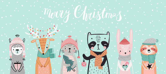 Poster - Christmas card with animals, hand drawn style. Woodland characters, panda, rabbit, sloth, deer, llama and cat.