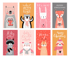 Poster - Cute cards with woodland animals celebrating Christmas eve, having fun, drinking tea. Funny characters.