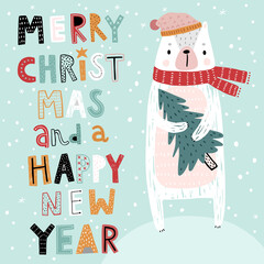 Poster - Christmas card with cute Bear and Hand drawn Lettering - Merry Christmas.