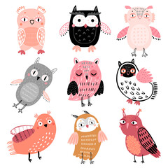 Poster - Cute Woodland owls. Funny childish characters with different mood.