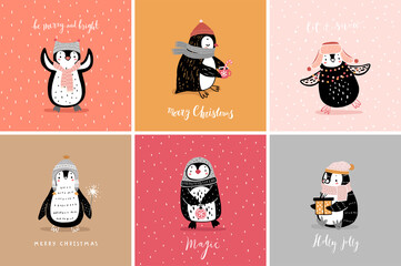 Poster - Cute penguins cards celebrating Christmas eve, having fun, drinking tea. Funny characters.