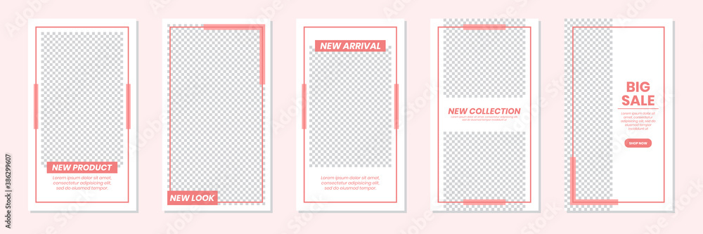 Set of rectangle editable minimal layout social media stories template pastel red color for personal or business. Use this layout for web, banner, poster or etc. For shop, discount, sale, etc. - obrazy, fototapety, plakaty 