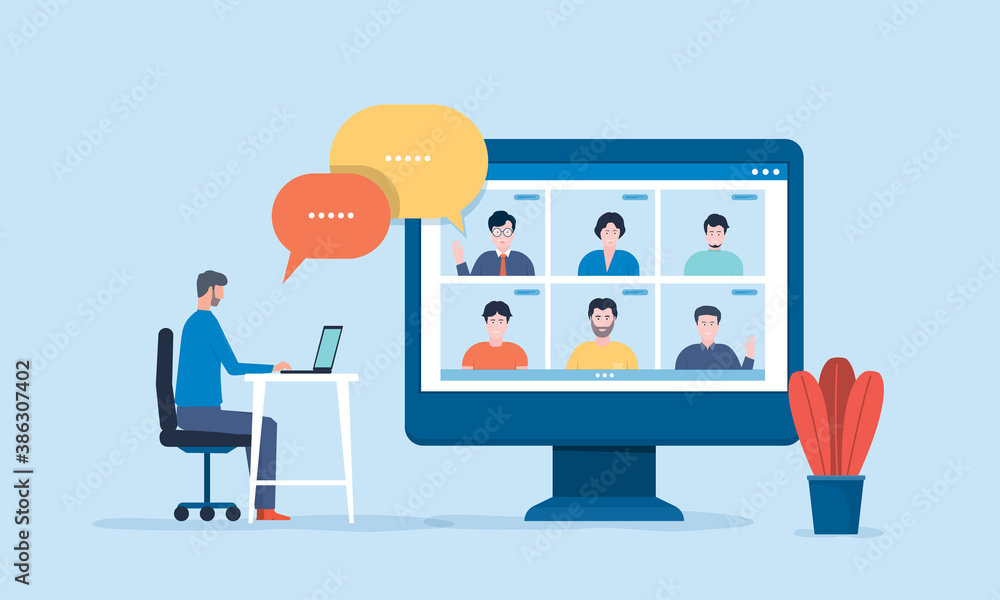 people connecting online with teleconference and video conference for meeting learning remote working and work from home concept. flat vector illustration design - obrazy, fototapety, plakaty 