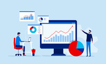 Business People Team Analytics And Monitoring On Web Report Dashboard Monitor Concept And Vector Illustration Business Working Concept