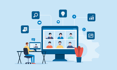 Wall Mural - people connecting online with teleconference and video conference for meeting learning remote workin