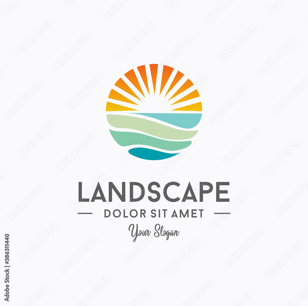 Sunset beach logo Landscape design Template Vector illustration. summer ...