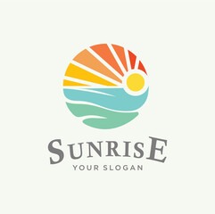 Wall Mural - Sunset beach logo Landscape design Template Vector illustration. summer Wave sun Logo Sign Design Icon. ocean , tropical And Sea Sun Logo Element. sunset and sunrise concept symbol