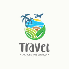 Wall Mural - Travel agency logo on white background. symbol of vacation. creative travel logo for tourist, vacation traveler And holiday traveler Logo Design company. Nature Beach Landscape Logo Sign