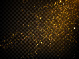 Wall Mural - Vector golden light effect isolated on dark transparent background. Decorative sparkles, glowing glitter dust and shiny particles.