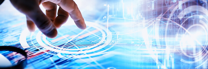 business concept. information technology and data processing. hands over the screen with graphic dat