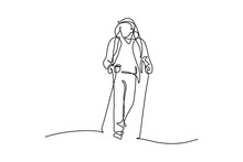 Man Hiking With Backpack And Trekking Poles In Continuous Line Art Drawing Style. Nordic Walking. Black Linear Sketch Isolated On White Background. Vector Illustration