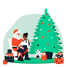 An African American Girl Sits In The Arms Of Santa Claus. Happy Girl Visiting Santa Claus. Santa Sits Near An Elegant Christmas Tree And Gifts. Flat Vector Illustration.
