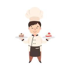 Sticker - Cute Boy Chef Cook Holding Plate with Sweet Desserts, Kid in Chef Uniform Cooking in Kitchen Cartoon Style Vector Illustration