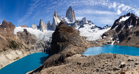 View over the two glacial lagoons in El Chalten National Park, Argentina, Patagonia with Monte Fitz Roy and Cerro Torre in the background