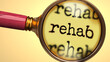 Examine and study rehab, showed as a magnify glass and word rehab to symbolize process of analyzing, exploring, learning and taking a closer look at rehab, 3d illustration
