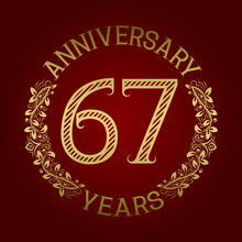 Golden Emblem Of Sixty Seventh Anniversary. Celebration Patterned Sign On Red.