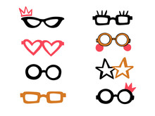 Vector Glasses Collection. Photo Booth Props Mask For Wedding, Birthday, Christmas. Party Funny Cute Eyeglasses Carnival For Paper Design. Pink, Gold, Black Cartoon Illustration On White Background.