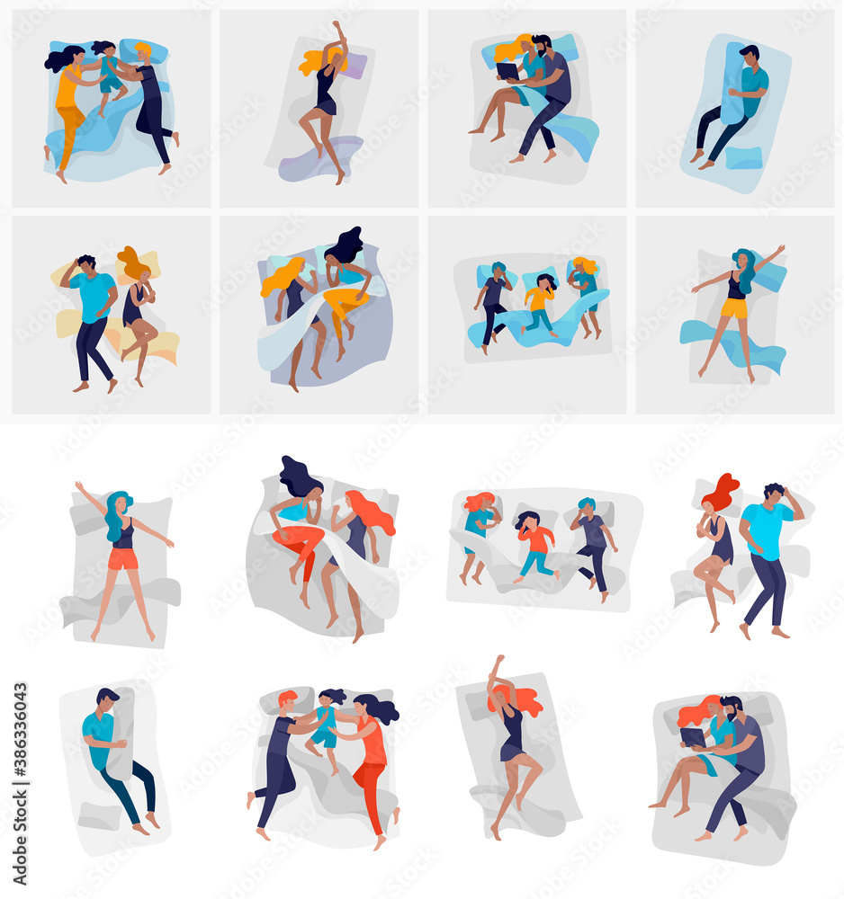 Collection of sleeping people character. Family with child are sleep in bed together and alone in various poses, different postures during night slumber. Top view. Colorful vector - obrazy, fototapety, plakaty 