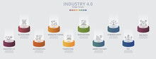 Infographic Industry 4.0 Template. Icons In Different Colors. Include Industry 4.0, Blockchain, Automation, Manufacturing And Others.