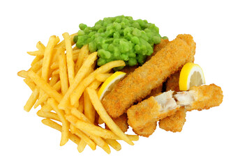 Wall Mural - Breadcrumb coated fish finger sticks and French fries meal with mushy peas isolated on a white background