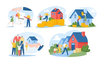 mortgage concept, family renting house, home search isolated on white vector illustrations set. mort