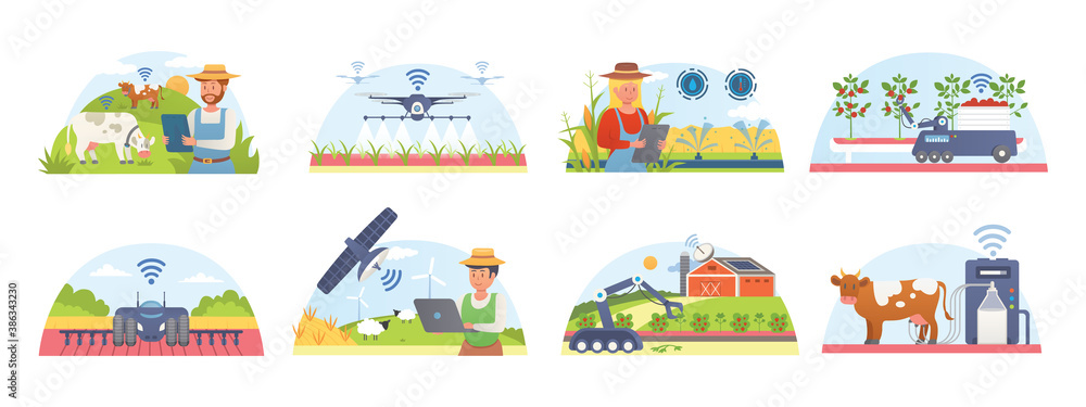 Smart farm and agriculture set of isolated vector illustrations. Farmers technology information systems. Agricultural automation and robotics. GPS control, farming data, survey drones, agribots. - obrazy, fototapety, plakaty 