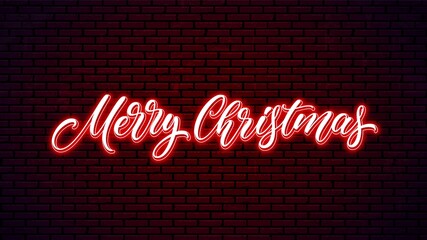 Wall Mural - Merry Christmas neon handwritten text isolated on wall background. Xmas bright lettering design. Holiday glowing calligraphy.