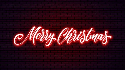 Wall Mural - Merry Christmas neon handwritten lettering. Bright holiday calligraphy. Xmas neon text.