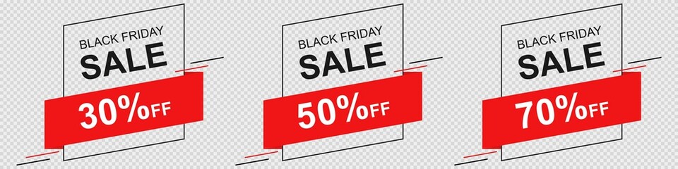 Wall Mural - Black friday frame on transparent background. Isolated discount special offer in black and red. Best price label with editable text. Clearance promotion poster. 70 percent off. Vector EPS 10.