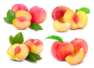 Wall Mural - Peach fruit half with leaf isolated on white background