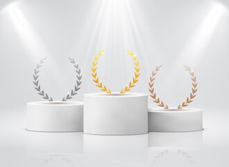 Wall Mural - winner pedestal with laurel. white cylinder podiums under spotlights realistic mockup. gold silver b