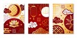 © YummyBuum - Chinese posters. Asian new year cards with decorative traditional elements, oriental style patterns, festive lanterns, sun moon and clouds. Golden and red colored vector vertical banners