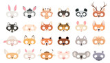 Fototapeta Fototapety na ścianę do pokoju dziecięcego - Animal mask set. Photo booth props of beasts face masks, wild and domestic animals head for party masquerade, carnival birthday or halloween colorful accessories cartoon vector collection