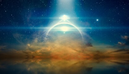 Wall Mural - bright mysterious extraterrestrial lights or ufo shine over glowing horizon. stars and a powerful se