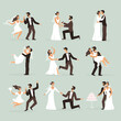 © YummyBuum - Bride and groom. Wedding couple in various poses jump, dance and kiss, hug and cut cake. Marriage ceremony scenes, man and woman in love vector flat cartoon trendy characters set