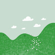 Cute cartoon hills with green grass and sheeps, vector illustration