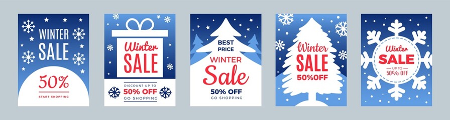 Sticker - New year sale. Season discount, winter best price flyers set. Christmas promo cards vector template. Xmas flyer advertising, promotion holiday discount illustration