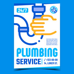 Canvas Print - Plumbing Service Creative Promo Banner Vector. Mechanic Hand Holding Bath Or Sink Drain Pipe And Wrench Tool Service On Advertising Poster. Concept Template Style Color Illustration