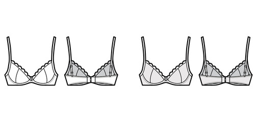 Wall Mural - Bra scalloped cups lingerie technical fashion illustration with full adjustable shoulder straps, hook-and-eye closure. Flat template front back white color style. Women men unisex underwear CAD mockup